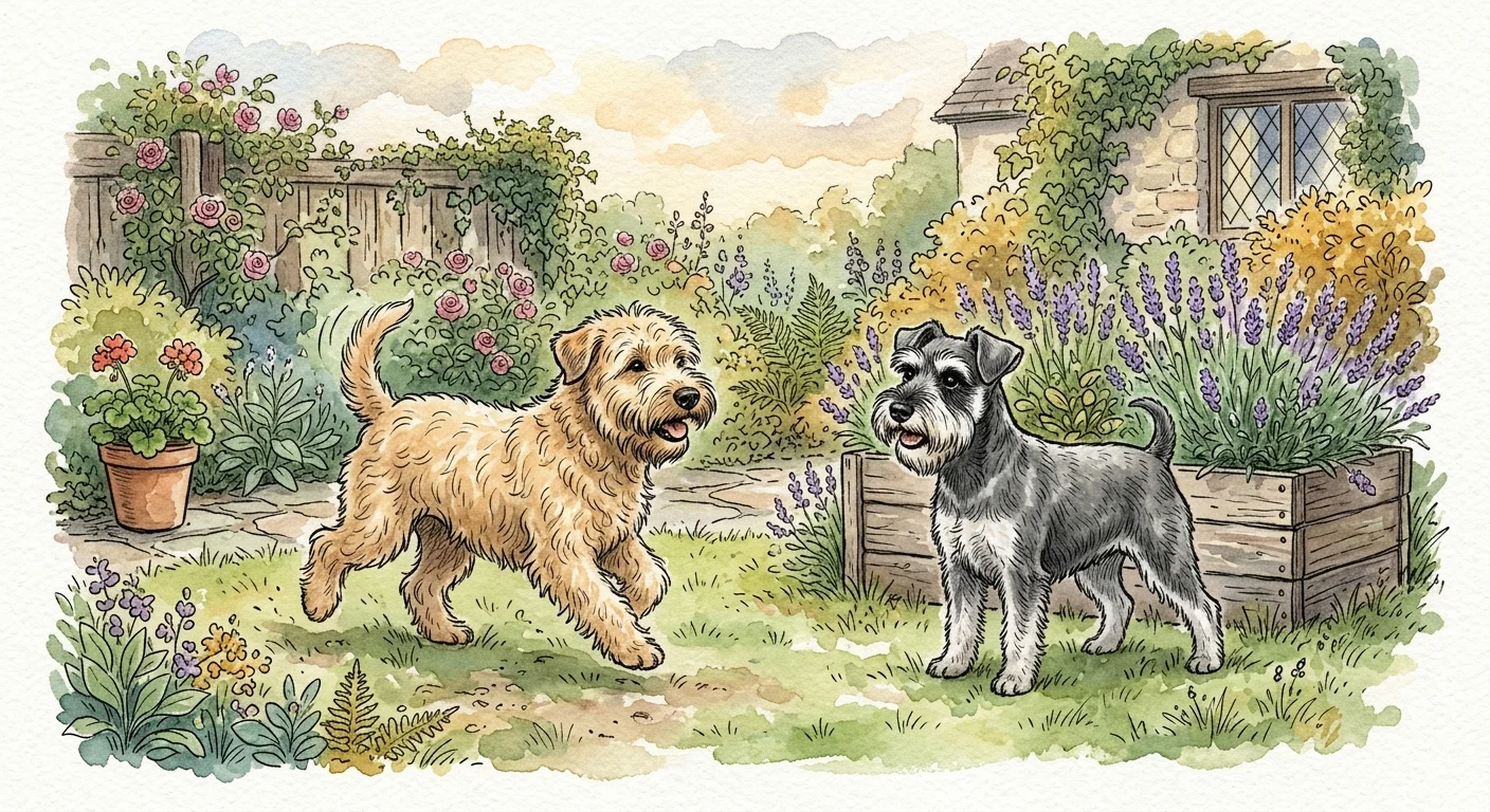 An ink and watercolor illustration of a Wheaten Terrier and a Miniature Schnauzer playing in a lush garden.