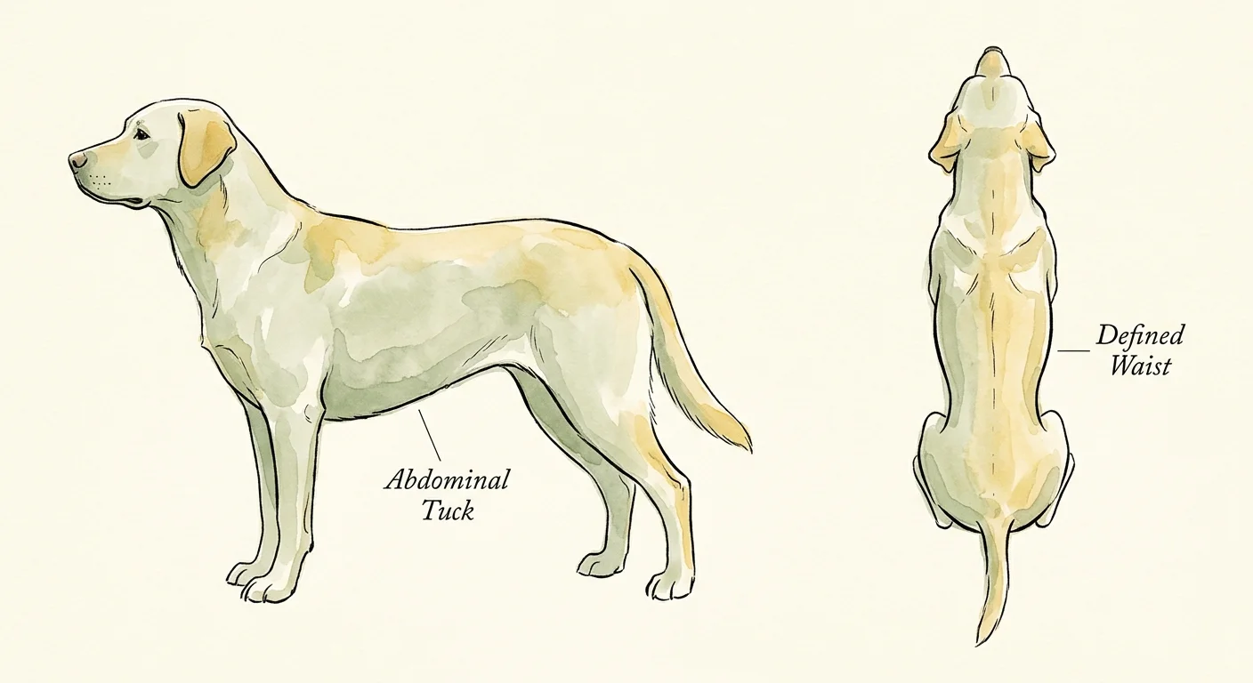 An ink and watercolor illustration showing a dog's healthy side profile and top-down shape with a defined waist.