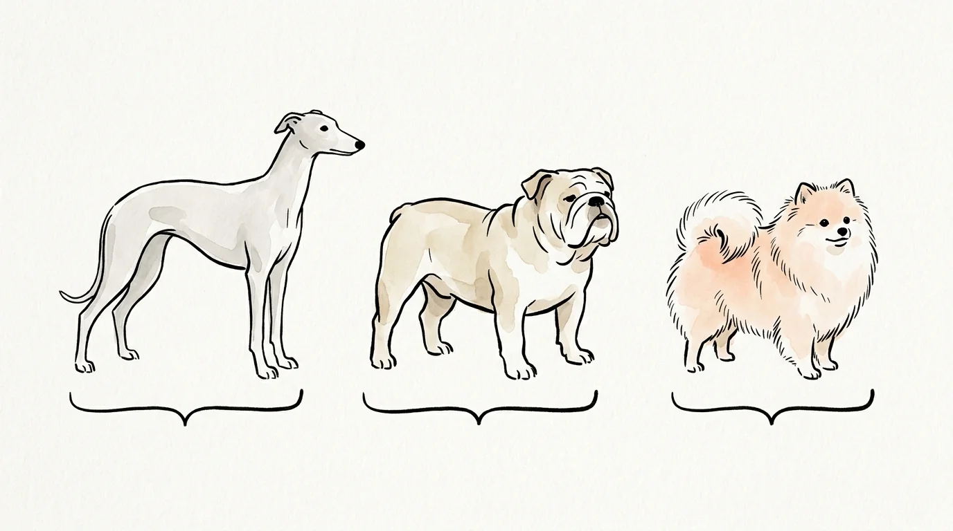 An ink sketch comparison of three different dog breeds, highlighting how healthy body shapes vary by breed.