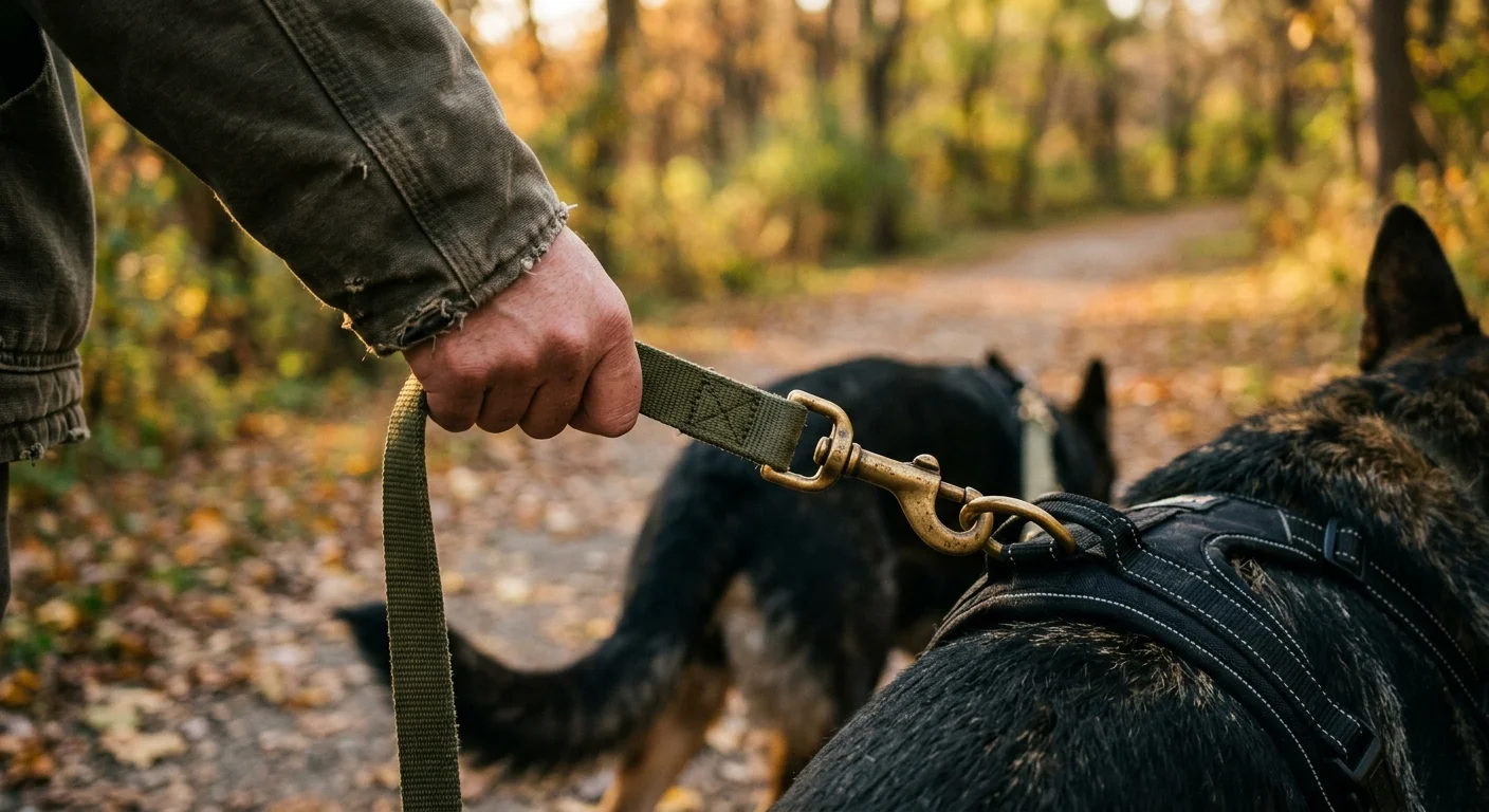 Close-up of a hand holding a flat nylon leash connected with a brass clasp to a dog's harness on an autumn walk.