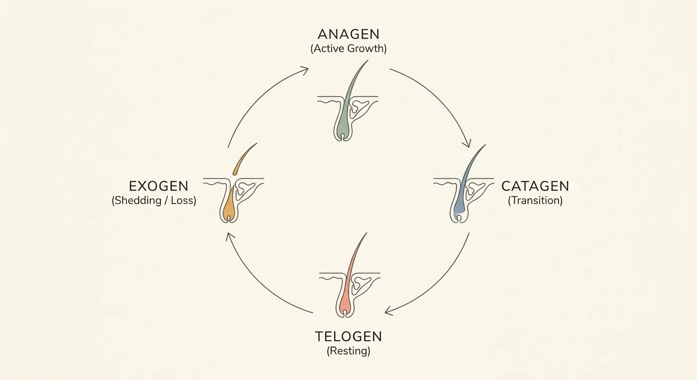 Minimalist circular diagram showing the four phases of cat hair growth: Anagen, Catagen, Telogen, and Exogen.