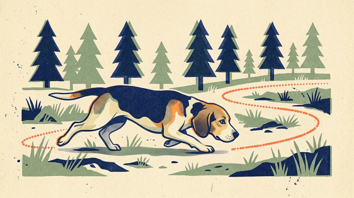 Risograph illustration of a Beagle tracking a bright orange scent trail through a stylized navy blue forest.