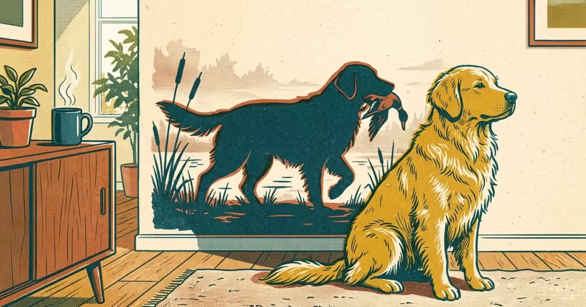 Risograph illustration of a modern dog sitting in a living room, casting a shadow of its ancestor retrieving a duck.
