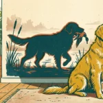 Risograph illustration of a modern dog sitting in a living room, casting a shadow of its ancestor retrieving a duck.