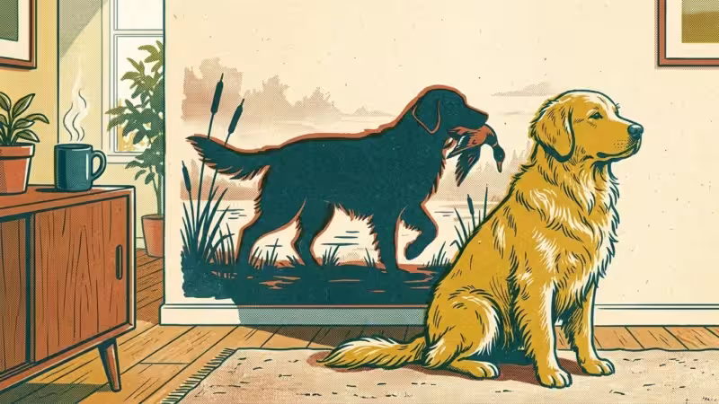 Risograph illustration of a modern dog sitting in a living room, casting a shadow of its ancestor retrieving a duck.
