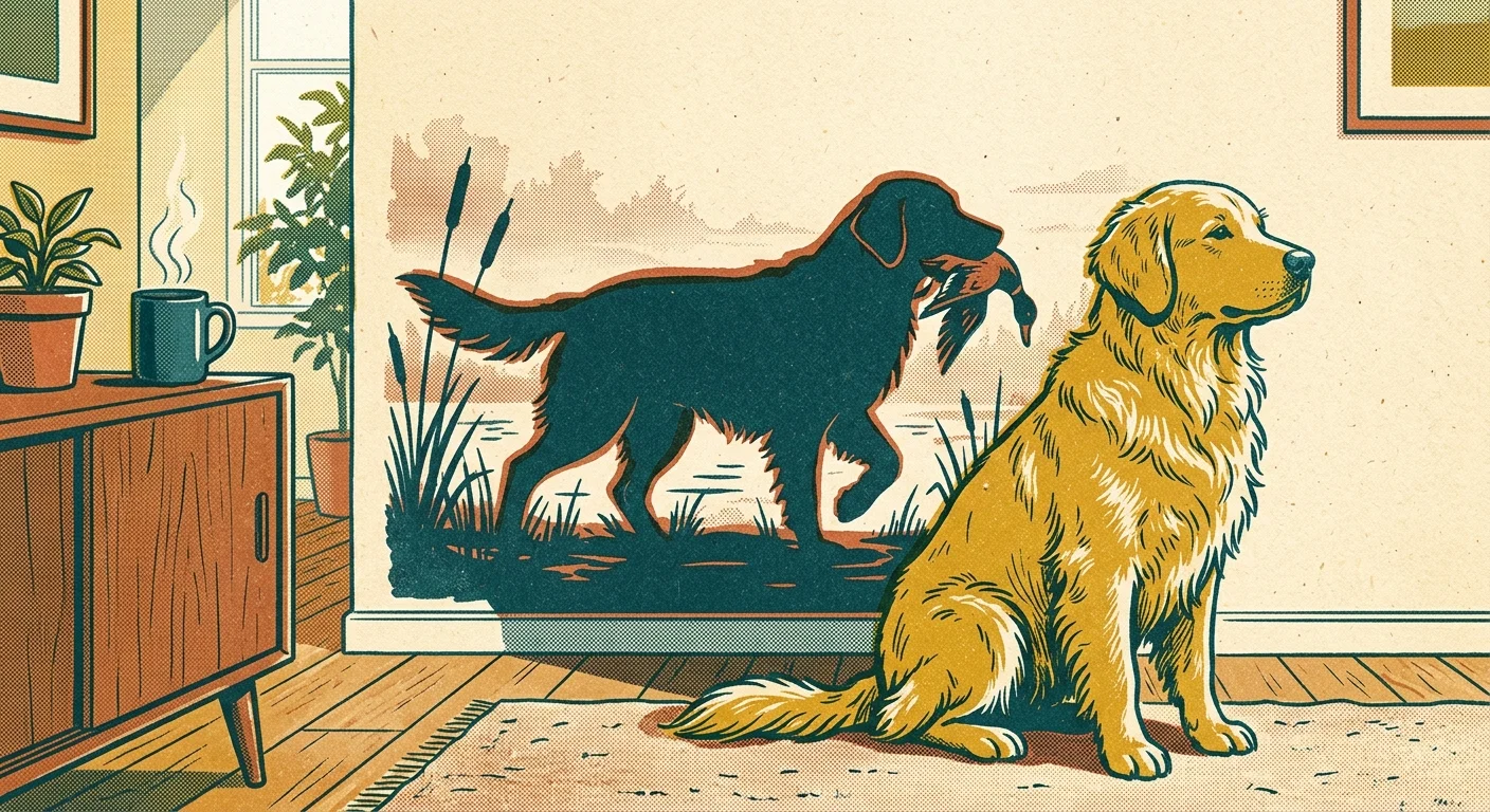 Risograph illustration of a modern dog sitting in a living room, casting a shadow of its ancestor retrieving a duck.