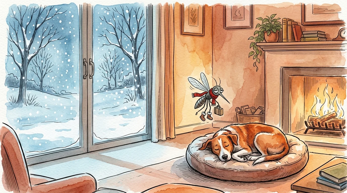 Watercolor illustration of a dog sleeping inside a warm home during winter while a tiny, scarf-wearing mosquito hovers nearby.
