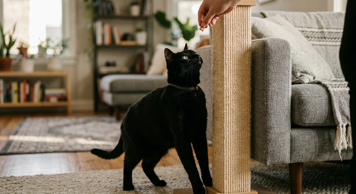 A black cat stands by a scratching post next to a couch, receiving a treat from its owner as positive reinforcement.