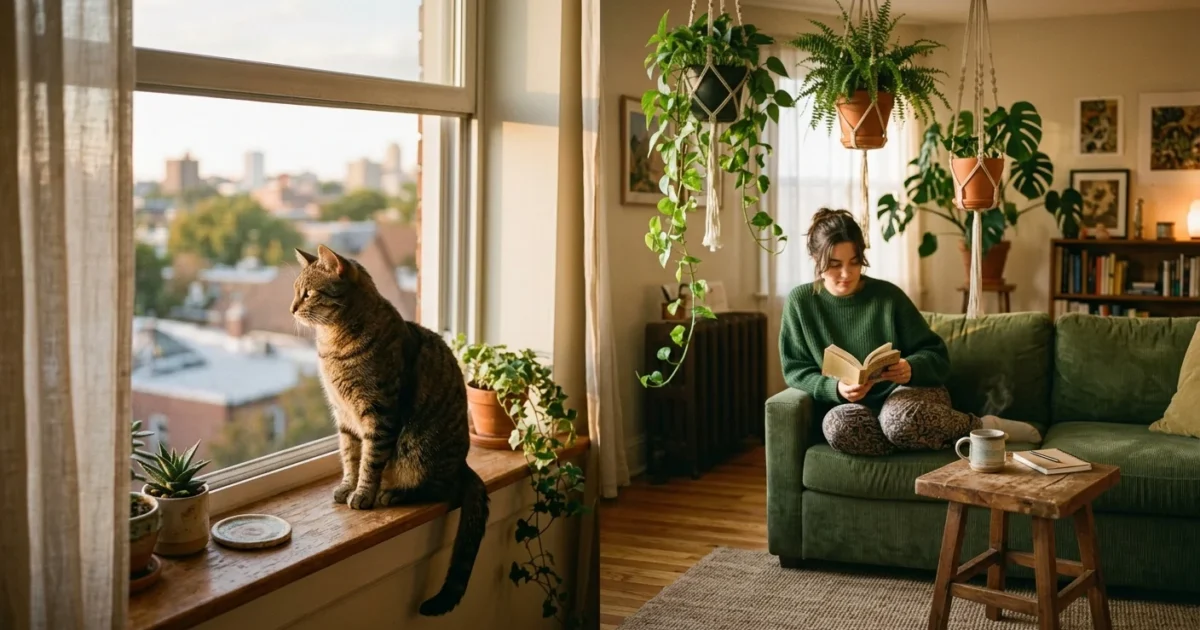 A cat sits on a sunny windowsill in a cozy studio apartment while its owner relaxes on a sofa in the background.
