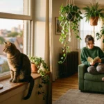 A cat sits on a sunny windowsill in a cozy studio apartment while its owner relaxes on a sofa in the background.