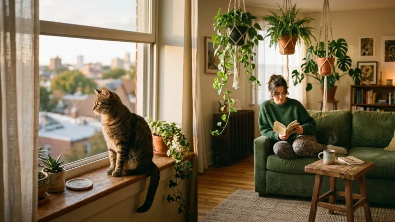 A cat sits on a sunny windowsill in a cozy studio apartment while its owner relaxes on a sofa in the background.