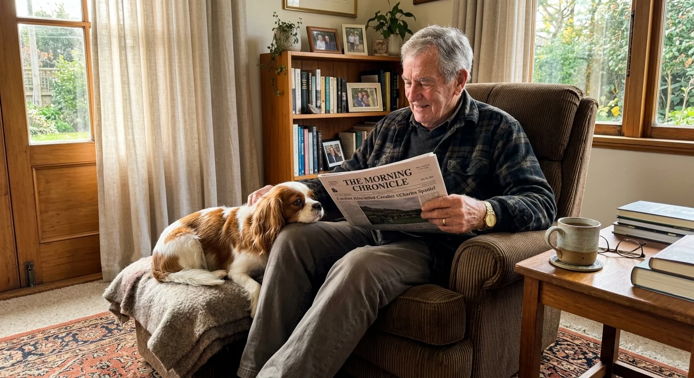 A Cavalier King Charles Spaniel rests its chin on a senior man's knee in a sunlit living room.