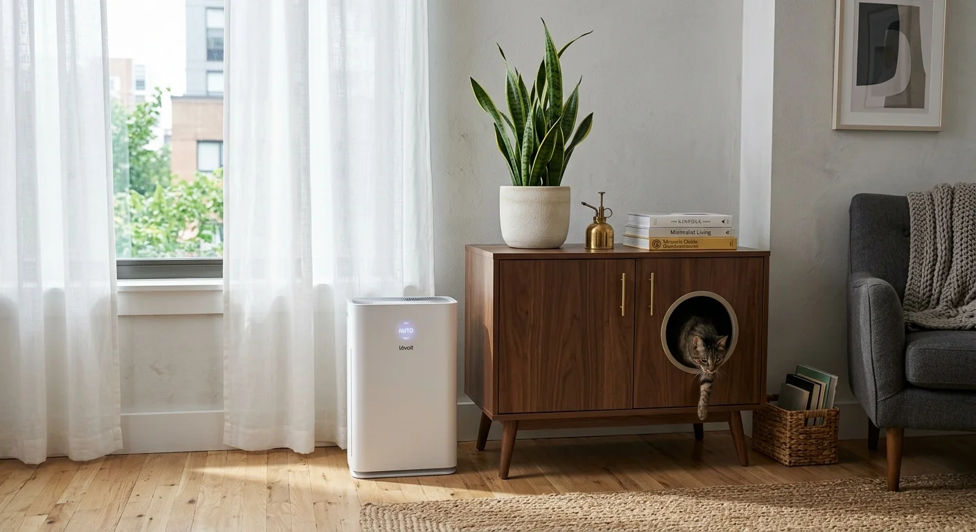 A clean corner of an apartment living room with a sleek air purifier, a modern wooden cabinet, and a potted plant.