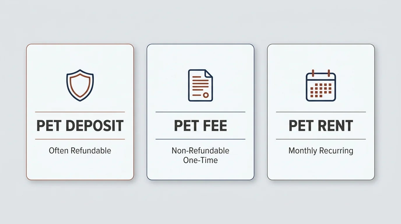 A clean diagram comparing the differences between a pet deposit, a pet fee, and monthly pet rent.