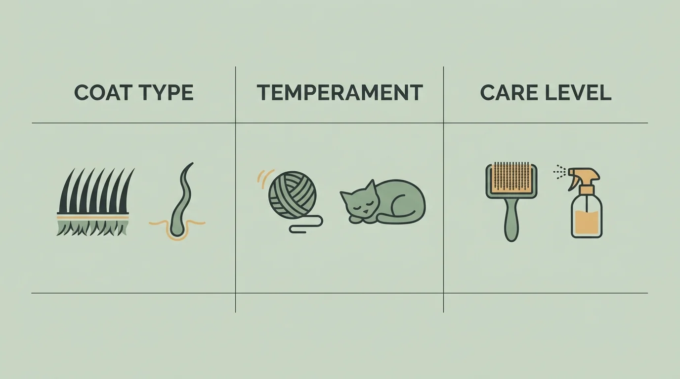 A clean, horizontal comparison infographic outlining cat coat type, temperament, and care level categories.