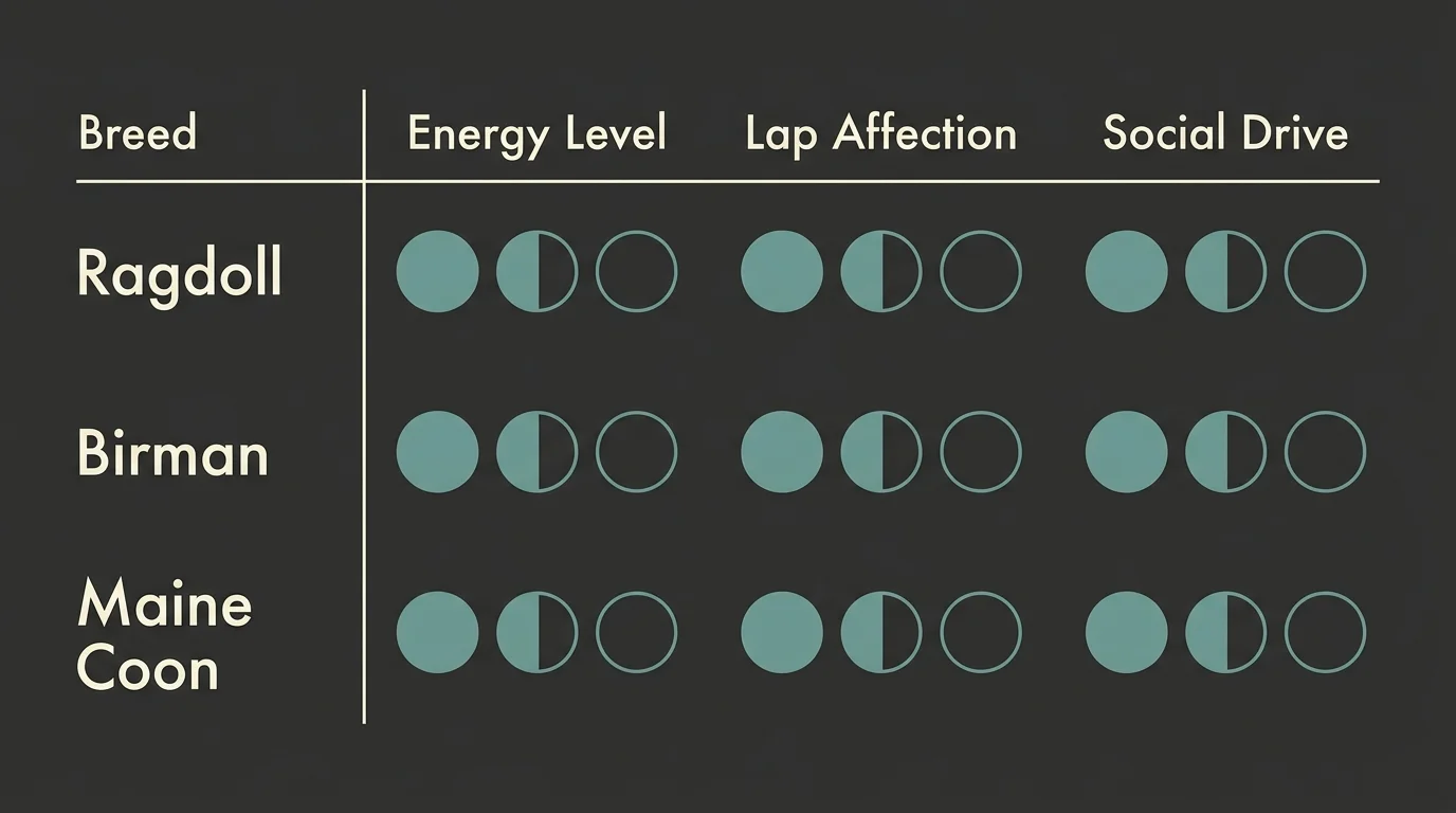 A clean horizontal comparison table comparing the energy, lap affection, and social drive of Ragdoll, Birman, and Maine Coon cats.
