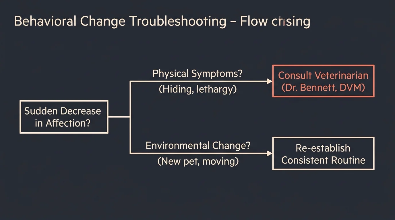 A clean horizontal flowchart mapping steps to troubleshoot sudden changes in cat behavior, pointing to veterinary or environmental fixes.