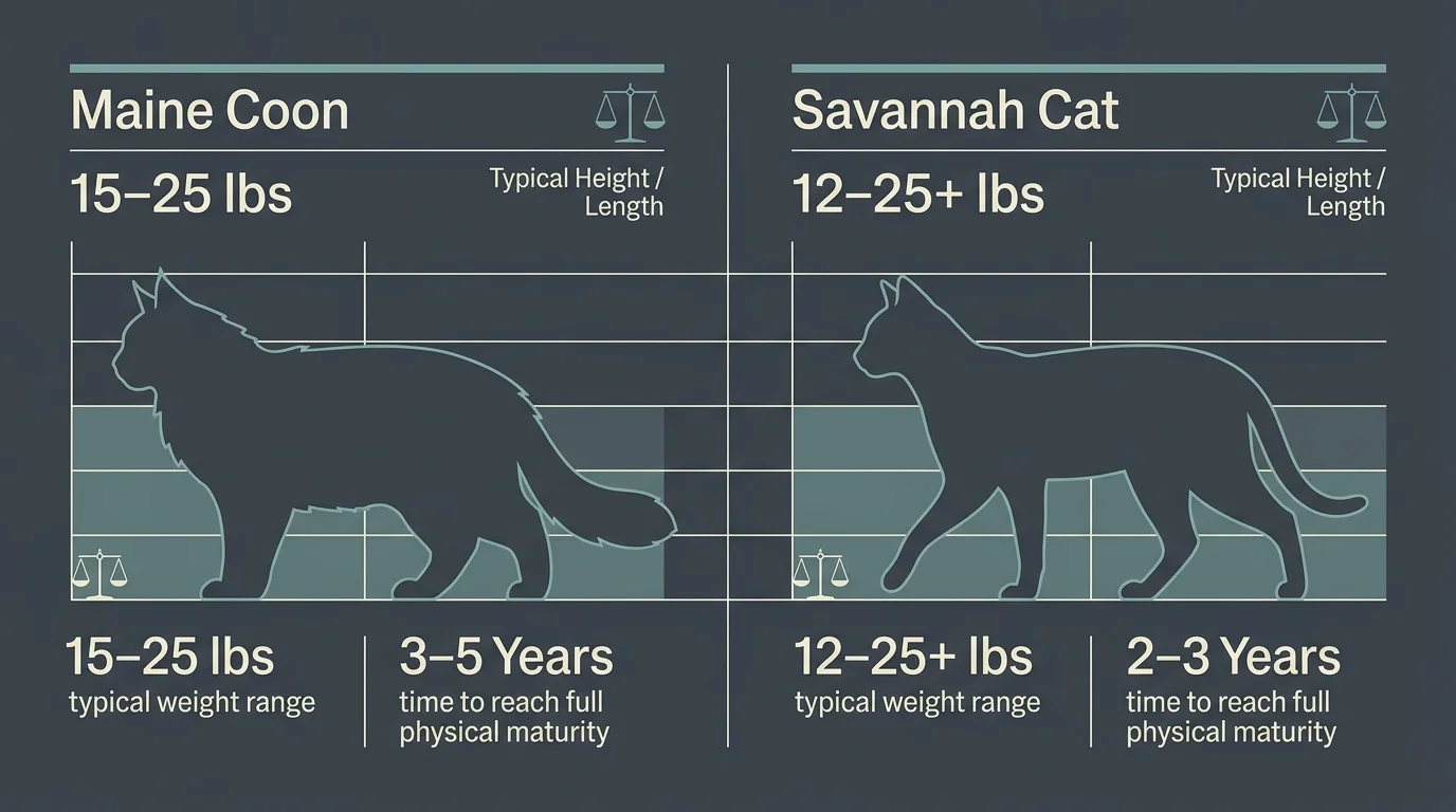 A clean horizontal infographic comparing the weight and maturity timelines of the Maine Coon and the Savannah Cat.