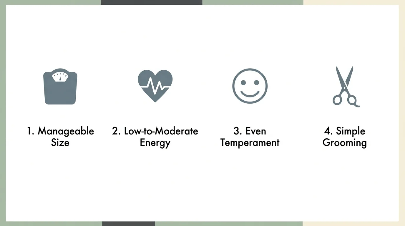 A clean horizontal infographic showing four key traits for retiree-friendly dogs: Size, Energy, Temperament, and Grooming.