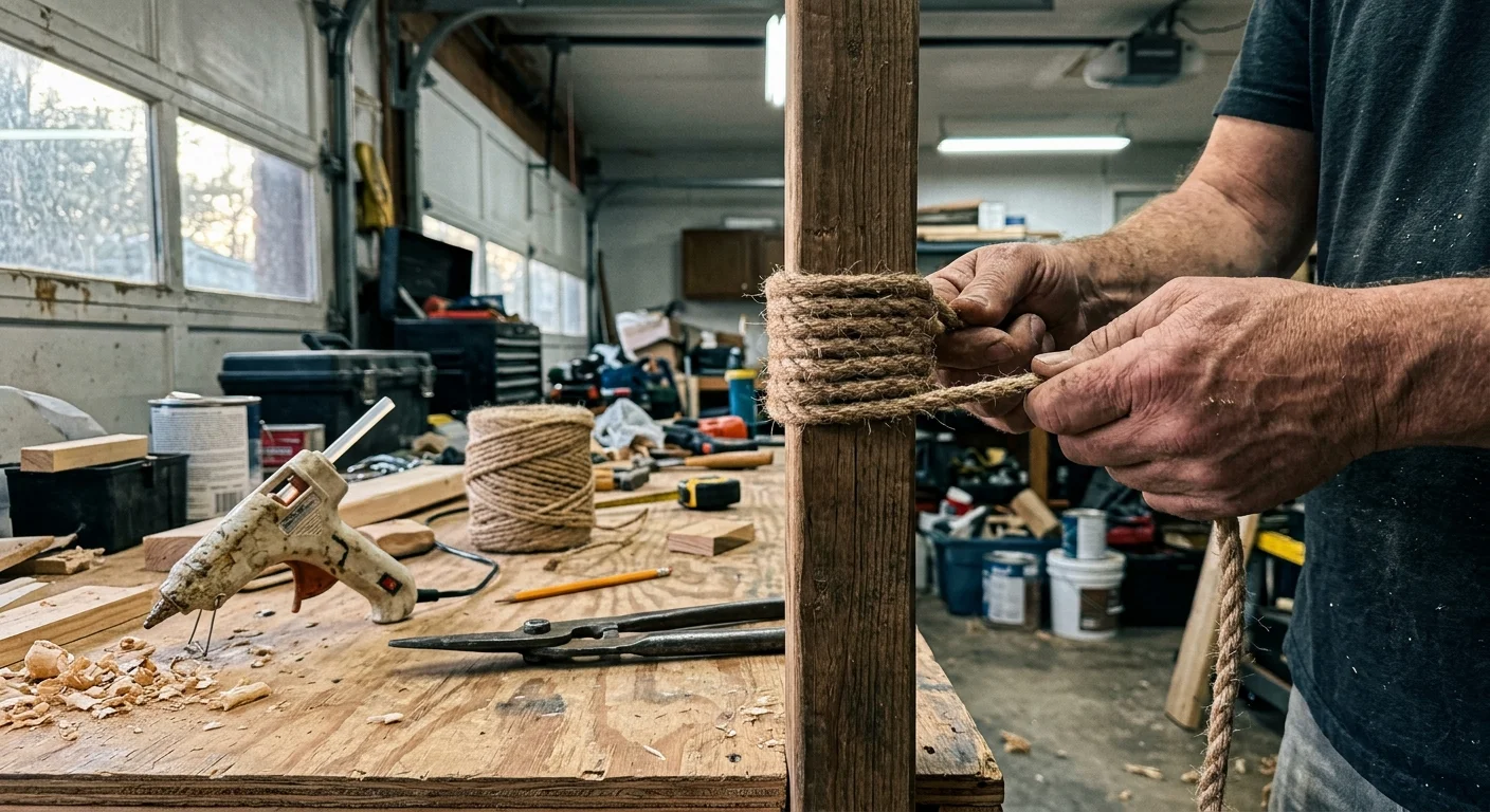 A close-up of hands wrapping thick jute rope around a wooden post on a garage workbench for a DIY cat scratcher project.