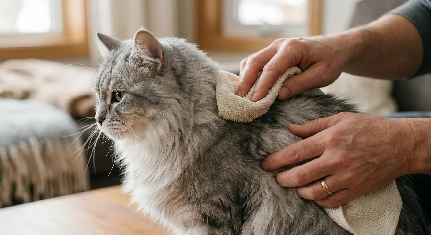 A close-up photo of hands gently wiping a calm grey cat's coat with a soft microfiber cloth.