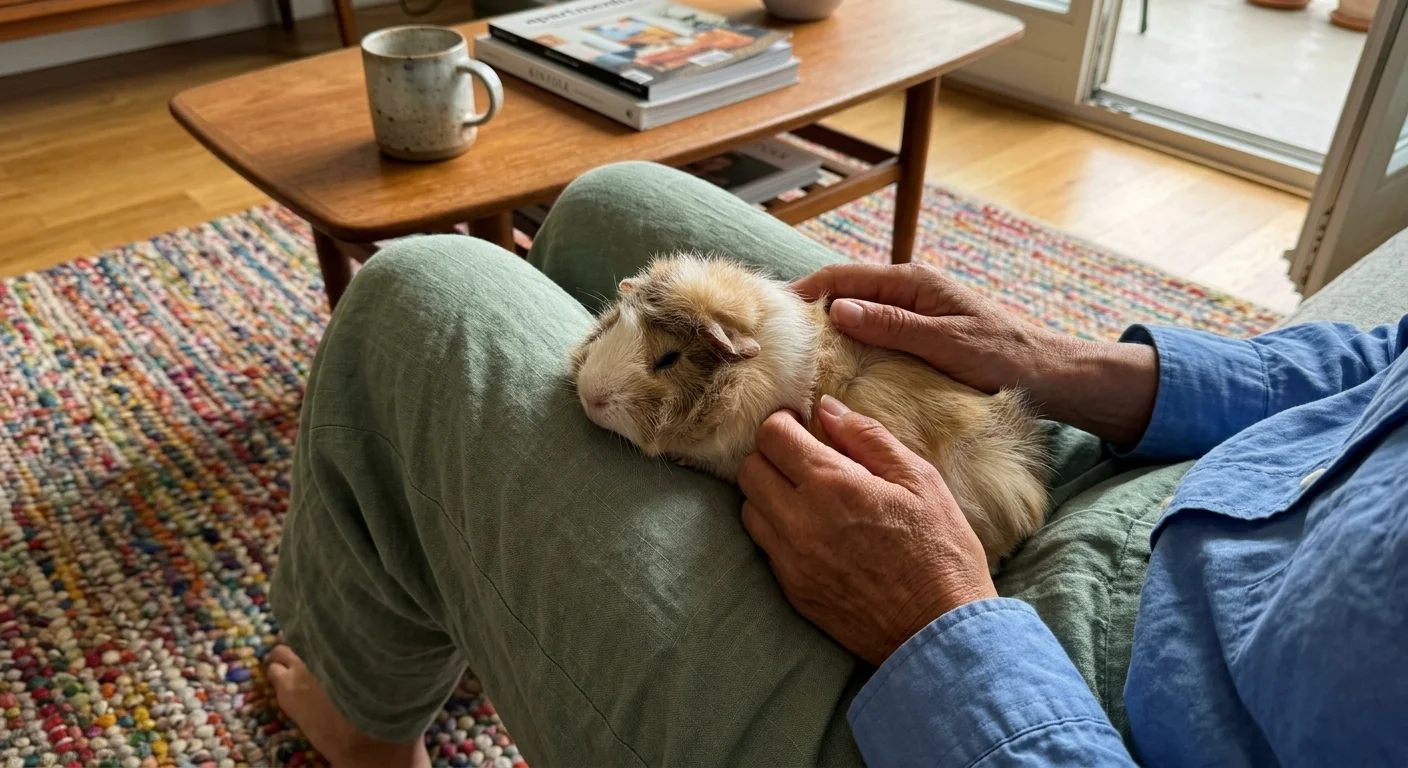 A close-up snapshot of a person gently cradling a fluffy guinea pig in their lap inside a bright apartment.