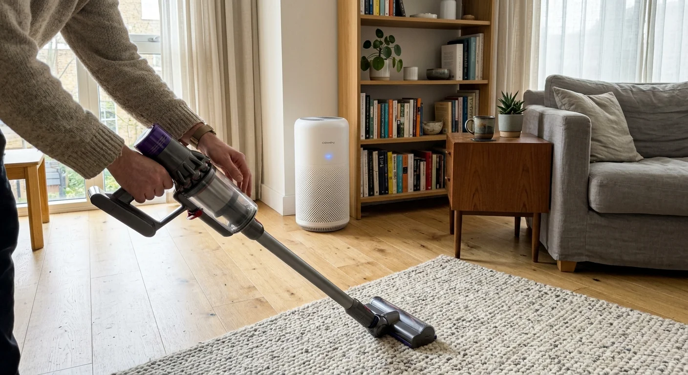 A close-up snapshot of a person vacuuming a rug in a bright living room near a modern air purifier.