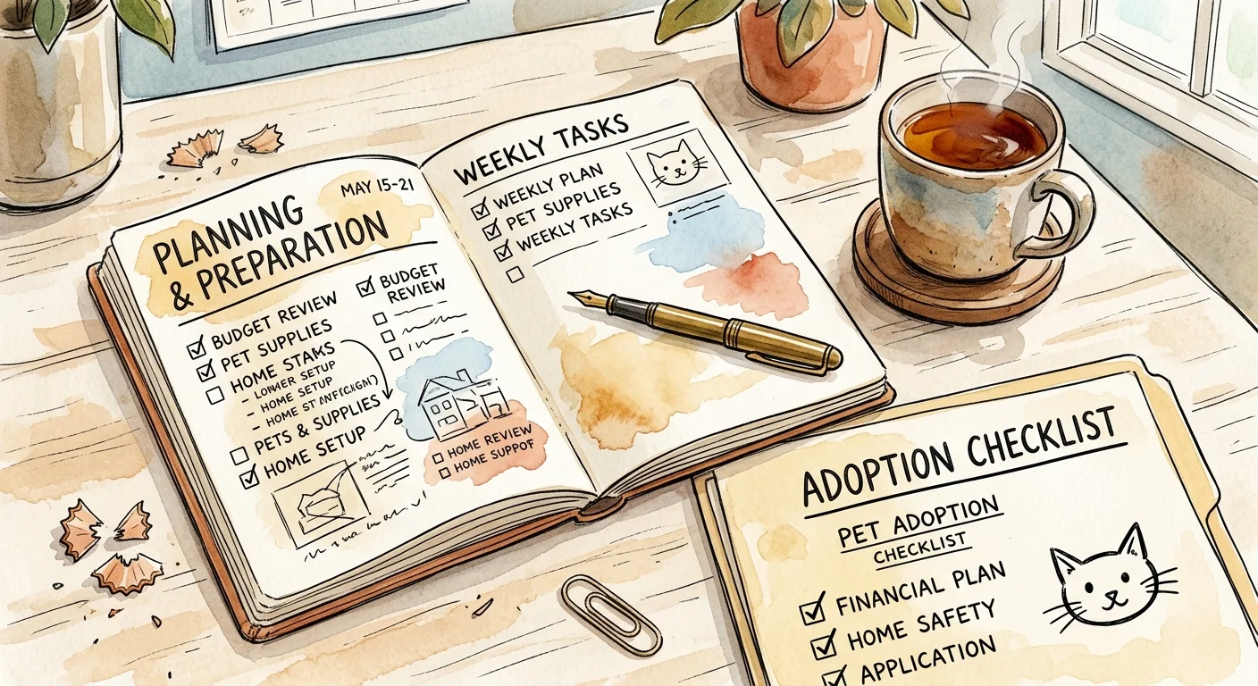 A cozy watercolor flatlay illustration of a desk with a planner, adoption checklist, pen, and a cup of tea.