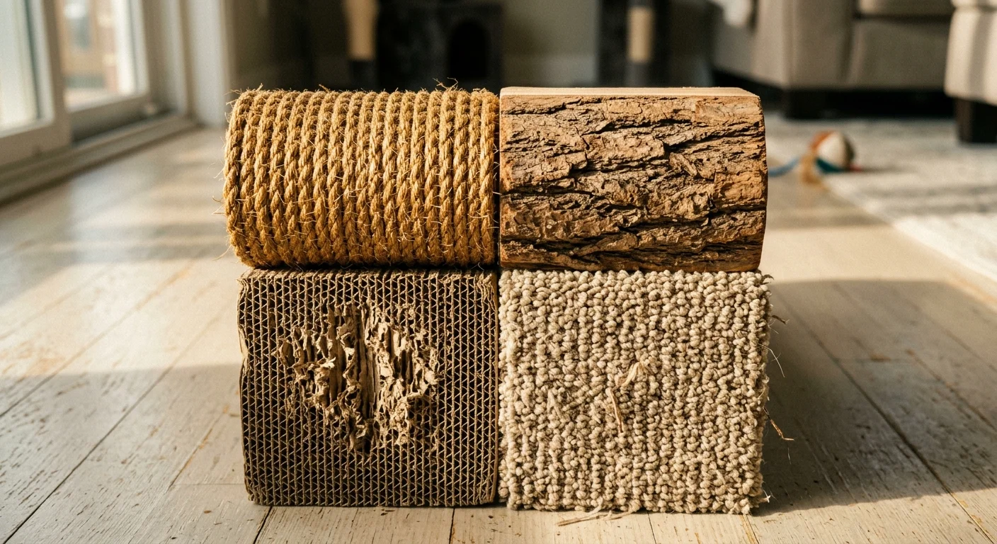 A flat-lay close-up showing the varied textures of four popular cat scratching materials: sisal, corrugated cardboard, wood, and carpet.