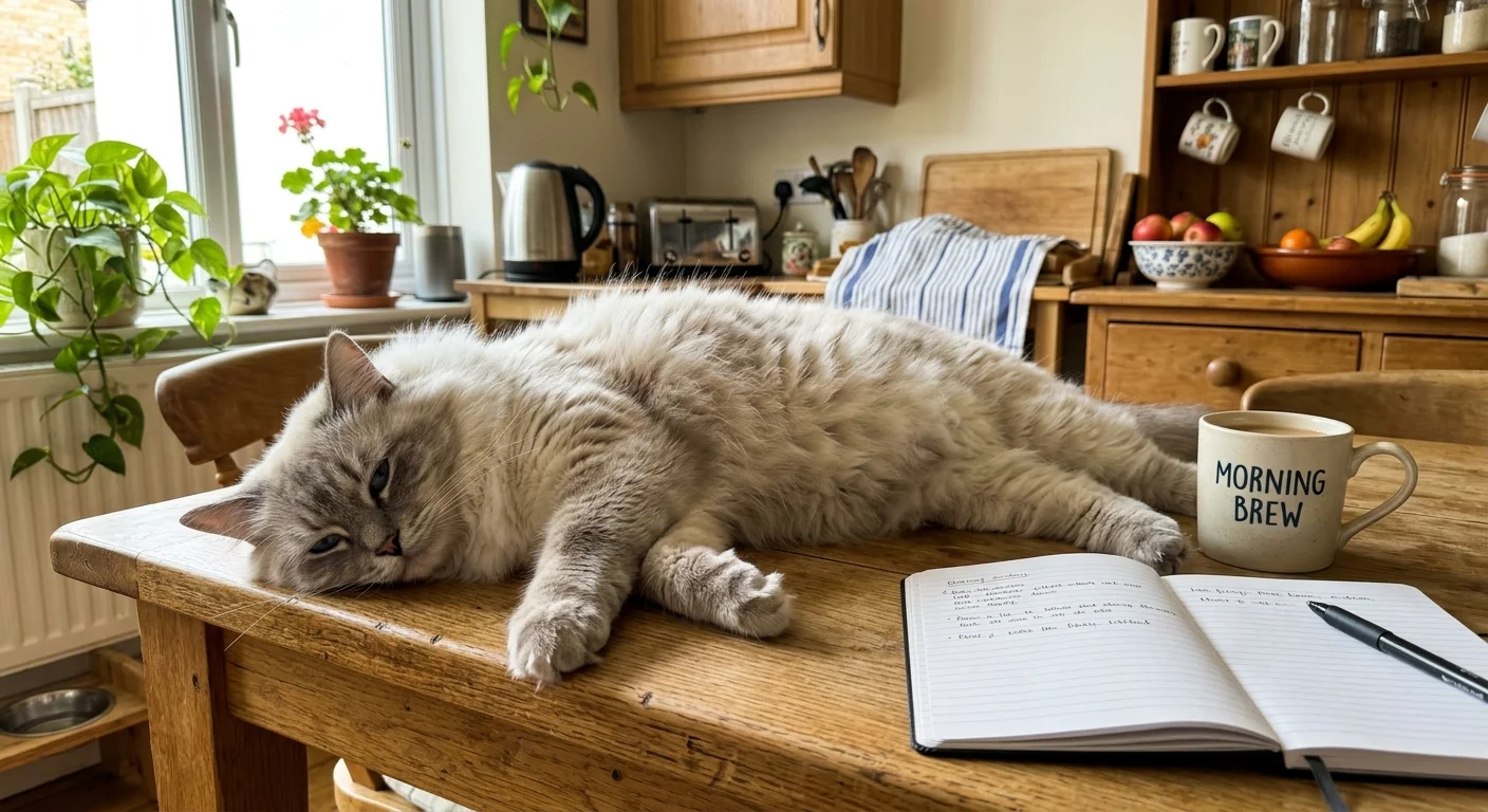 A fluffy, blue-eyed Ragdoll cat lying completely relaxed and limp on a wooden kitchen table next to a ceramic mug.
