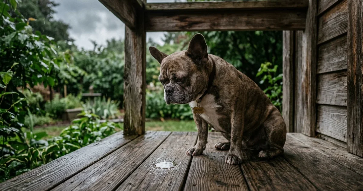 A French Bulldog sits on a dry wooden porch, looking down with skepticism at a single splash of water on the planks.