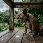 A French Bulldog sits on a dry wooden porch, looking down with skepticism at a single splash of water on the planks.