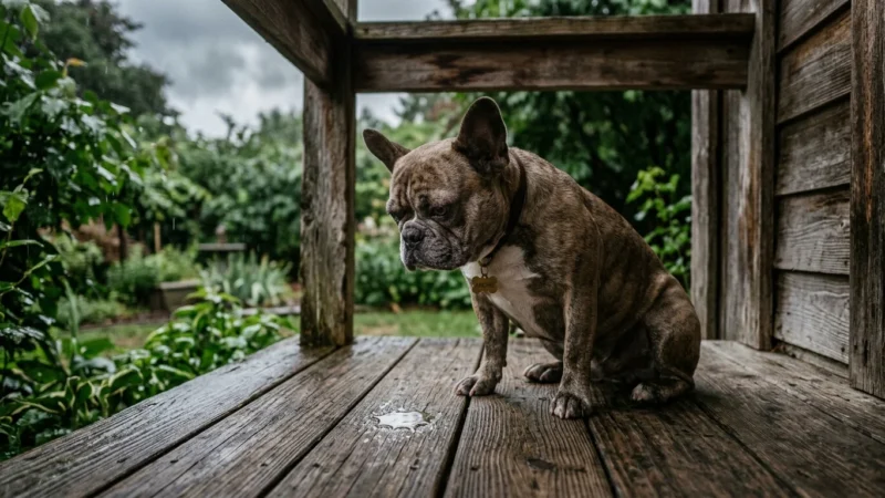 A French Bulldog sits on a dry wooden porch, looking down with skepticism at a single splash of water on the planks.