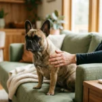 A French Bulldog sits on a sage green sofa, receiving a comforting touch from its owner in a sunlit living room.