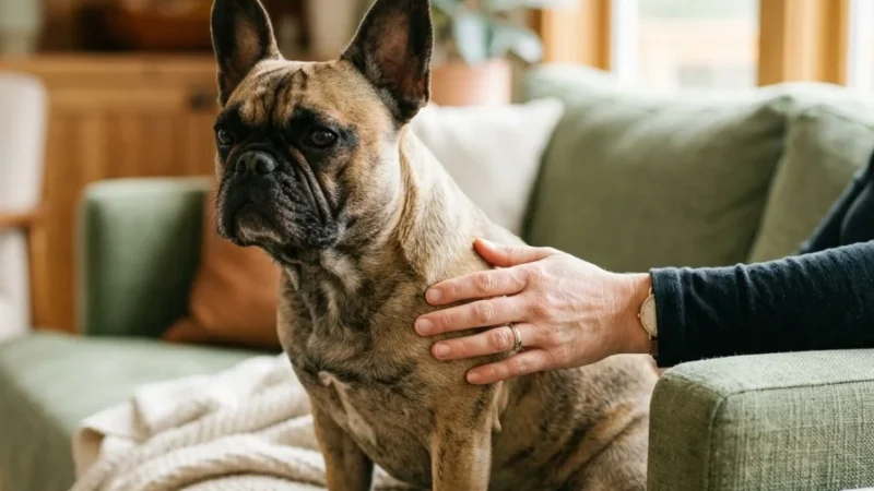 A French Bulldog sits on a sage green sofa, receiving a comforting touch from its owner in a sunlit living room.