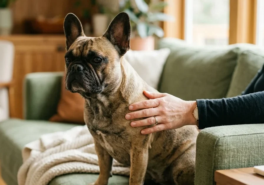 A French Bulldog sits on a sage green sofa, receiving a comforting touch from its owner in a sunlit living room.