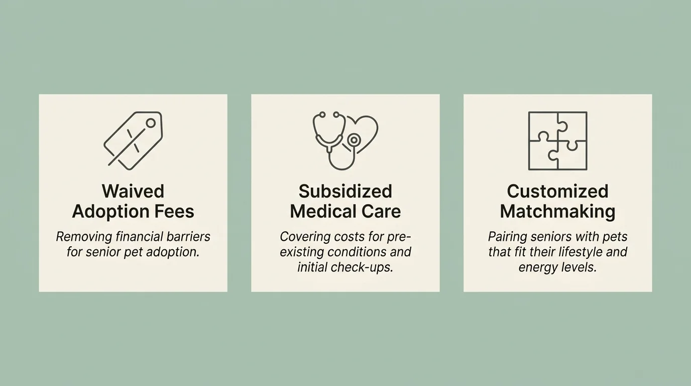 A horizontal diagram with three panels outlining Waived Fees, Subsidized Medical Care, and Customized Matchmaking.