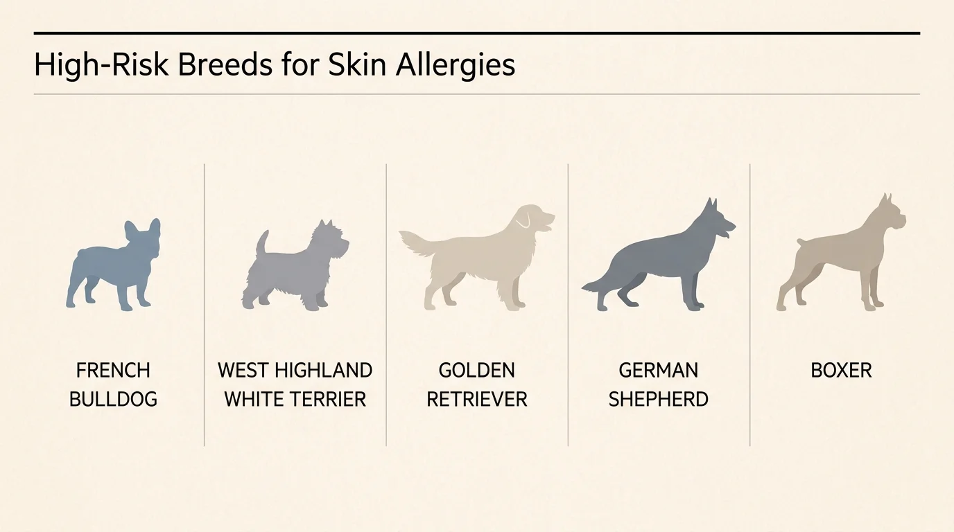 A horizontal editorial infographic showing silhouettes of five allergy-prone dog breeds, including the French Bulldog and Westie.