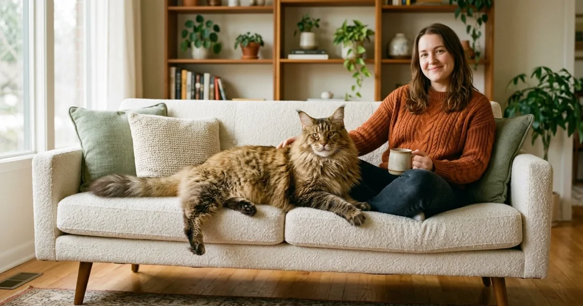 A massive, fluffy Maine Coon cat lounges comfortably on a sofa next to its owner in a sunlit living room, showing its grand size.