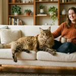 A massive, fluffy Maine Coon cat lounges comfortably on a sofa next to its owner in a sunlit living room, showing its grand size.
