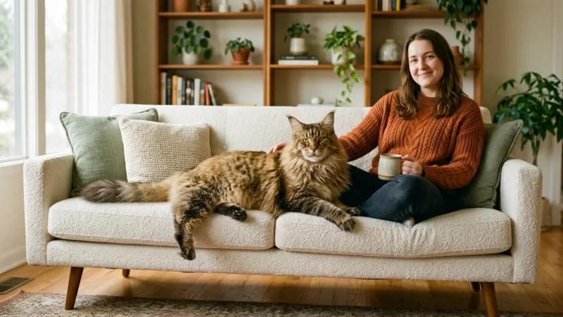 A massive, fluffy Maine Coon cat lounges comfortably on a sofa next to its owner in a sunlit living room, showing its grand size.