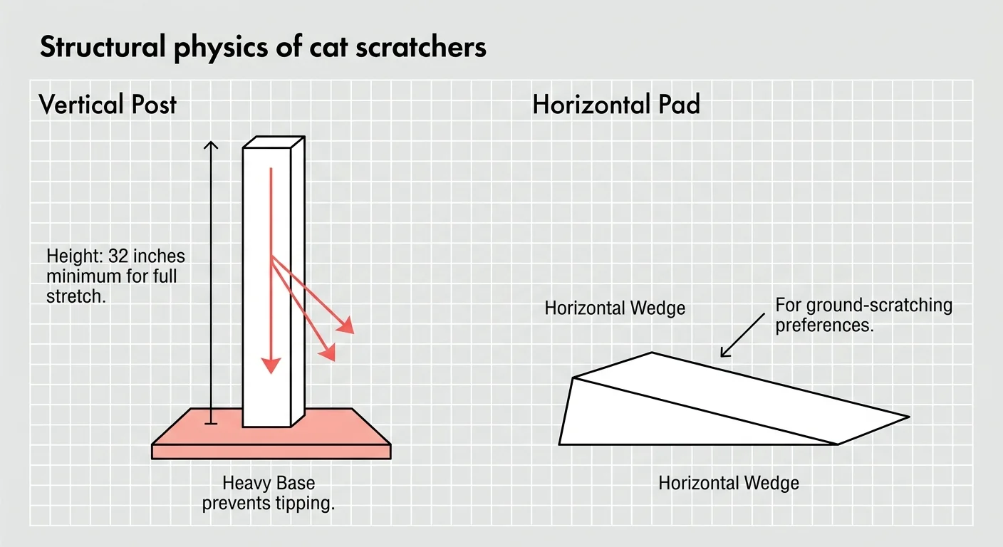 A minimalist diagram comparing a vertical scratching post with a horizontal scratching wedge, highlighting stable base dimensions.