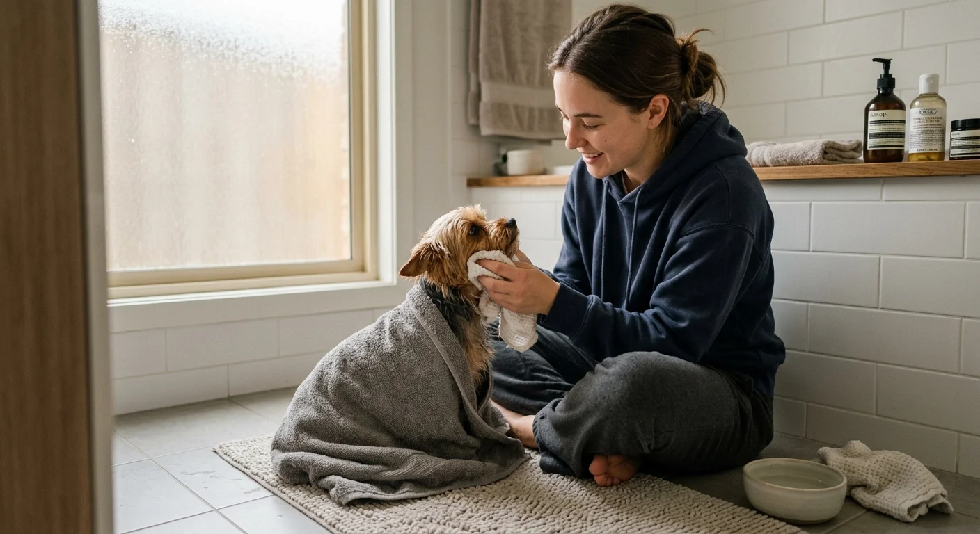 A person gently wipes a small Yorkshire Terrier's face with a damp washcloth while the dog sits wrapped in a warm towel.