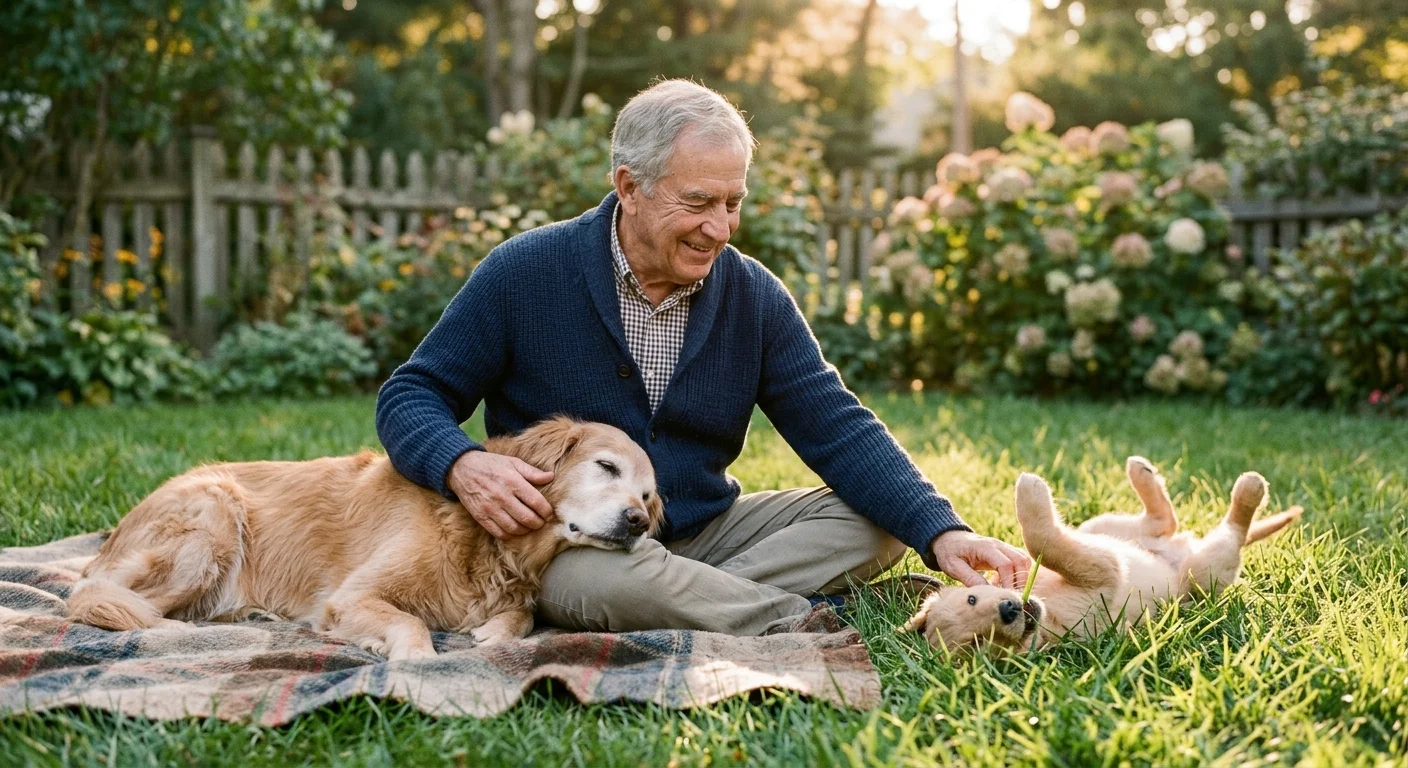 A senior man on a picnic blanket with a calm, grey-muzzled senior dog and a playful puppy.