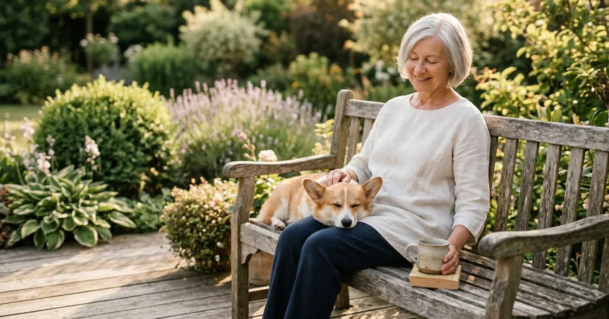 A senior woman relaxes with her Pembroke Welsh Corgi on a sunny wooden patio surrounded by a green garden.