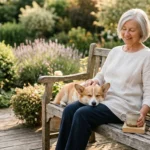 A senior woman relaxes with her Pembroke Welsh Corgi on a sunny wooden patio surrounded by a green garden.