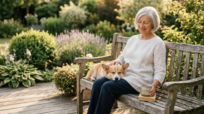 A senior woman relaxes with her Pembroke Welsh Corgi on a sunny wooden patio surrounded by a green garden.