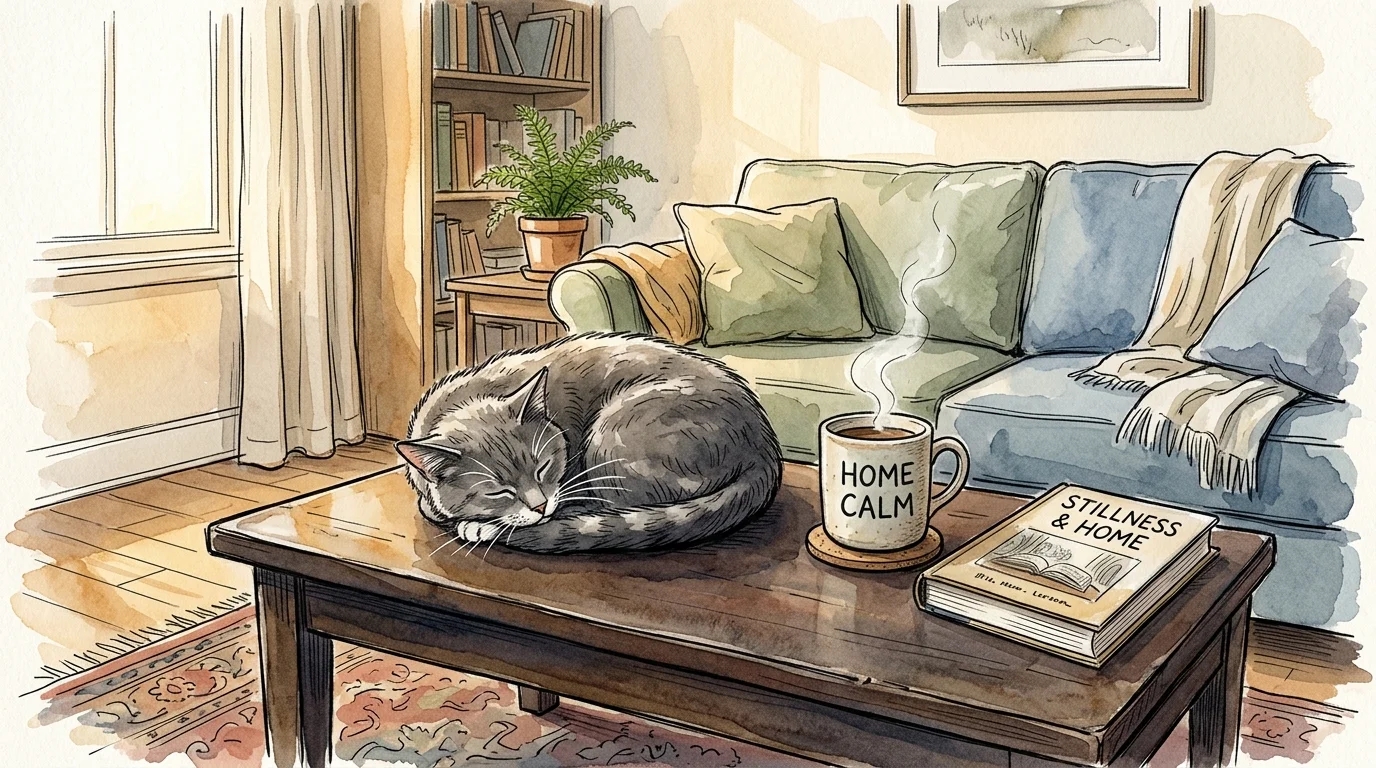 A soft watercolor illustration of a calm senior cat sleeping on a coffee table next to a warm mug of tea.