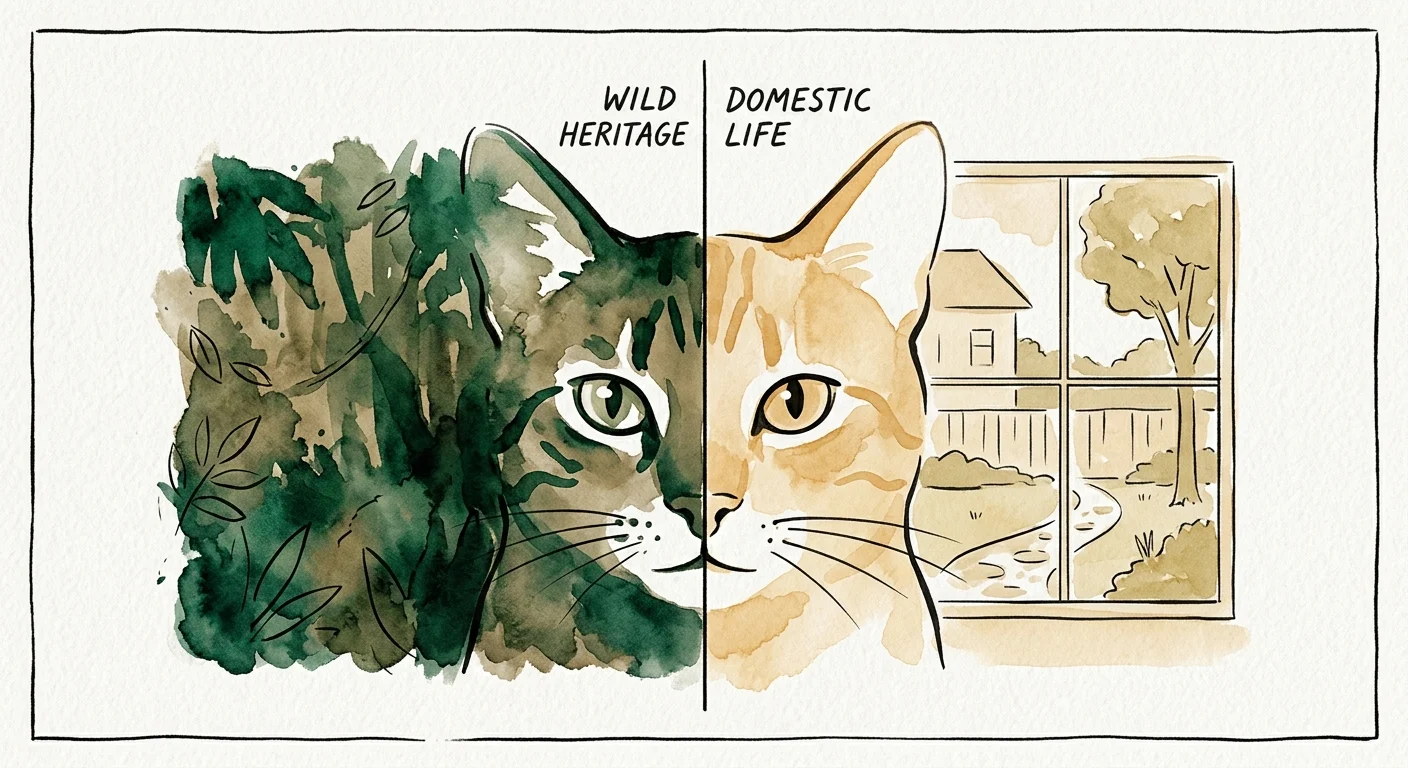 A stylized ink and watercolor illustration of a hybrid cat split between a wild jungle silhouette and a cozy domestic window view.