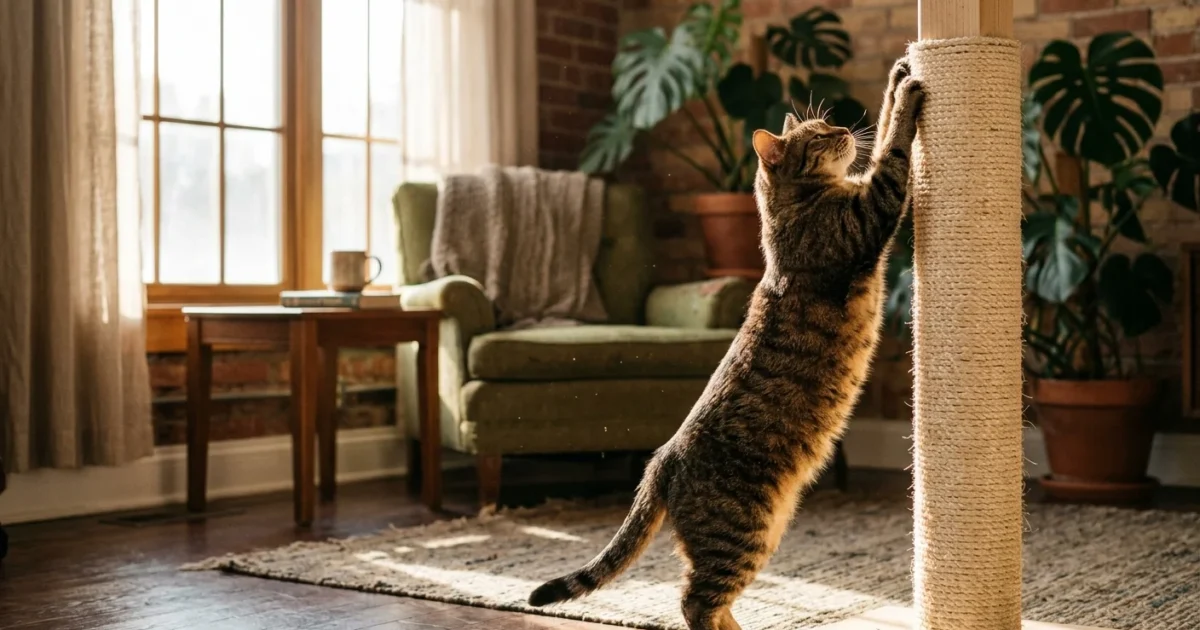 A tabby cat stretches its body against a tall, natural sisal scratching post in a sunlit living room.